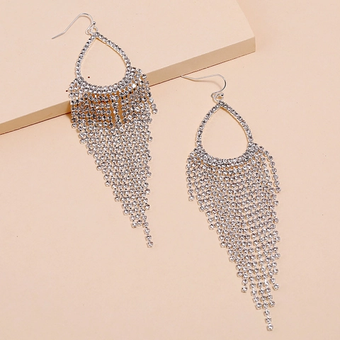 Rhinestone Tassel Dangle Earrings Water Drop Alloy Long Hook Elegant Women Jewelry With Stainless Steel Earring Post
