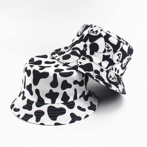 Anglerhut Sonnenschutz Outdoor Fischerhut Baumwolle Canvas Kuh Panda Herzdruck Wendbar Casual Streetwear Trendig