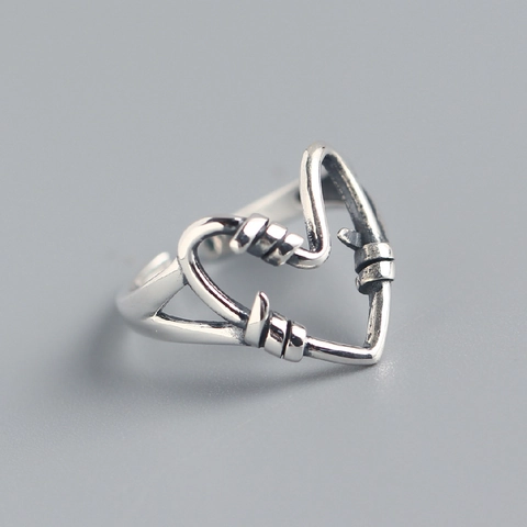 925 Sterling Silber Herz Ring Vintage Dornendraht Herzform Verstellbar Retro Punk Schmuck Für Damen