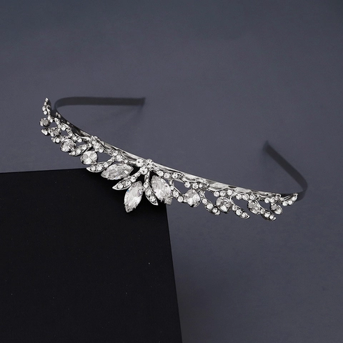Silver Zircon Rhinestone Tiara Crown Bridal Hair Accessories Hollow Leaf Headband For Wedding Birthday Party Women