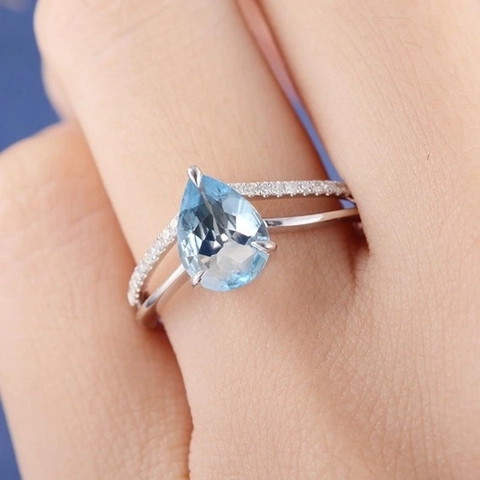 Pear Cut Light Blue Synthetic Gemstone Ring Alloy Rhinestone Pave Intertwined Multi Layer Jewelry For Women Bridal