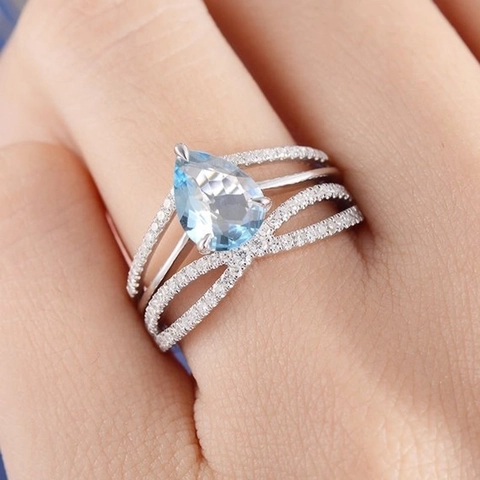 Pear Cut Light Blue Synthetic Gemstone Ring Alloy Rhinestone Pave Intertwined Multi Layer Jewelry For Women Bridal