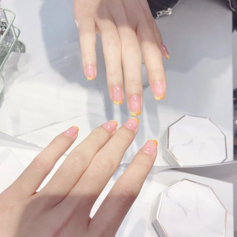 French Tip Press On Nails Orange Yellow Gradient Artificial Pearl Decor Square Oval Full Cover False Nails Waterproof Sweet Style