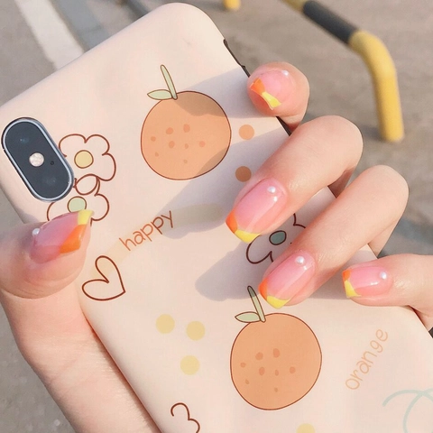 French Tip Press On Nails Orange Yellow Gradient Artificial Pearl Decor Square Oval Full Cover False Nails Waterproof Sweet Style