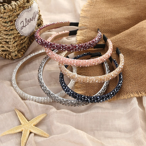 Handmade Beaded Crystal Headband Korean Style Thin Hair Hoop Elegant Non Slip Sparkly Hair Accessory For Women