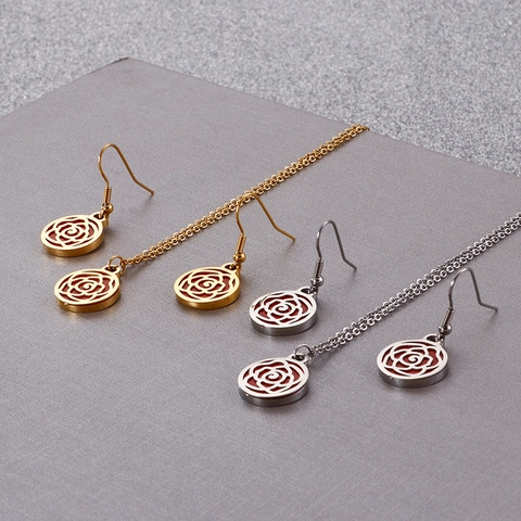 Hollow Rose Flower Necklace And Hook Earrings Stainless Steel Round Red Pendant Elegant Jewelry For Women