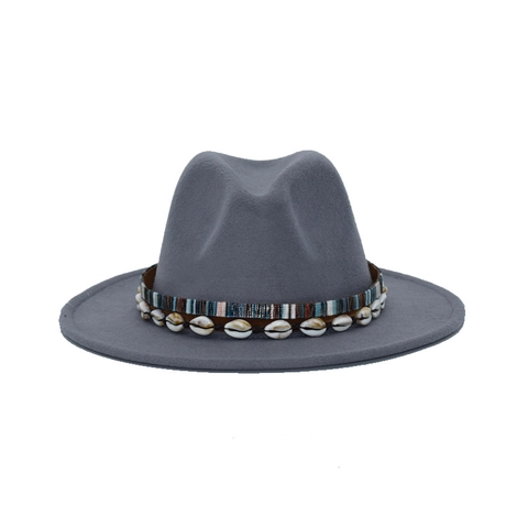 Bohemian Wide Brim Fedora Hat Wool Felt Ethnic Woven Band Shell Decoration Vintage Jazz Sun Hat For Women Men
