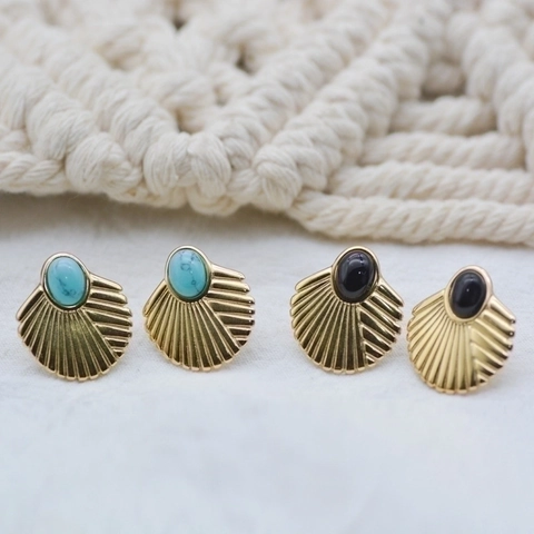 Fan Shaped Stud Earrings Stainless Steel 18K Gold Plated Natural Stone Inlay Retro Bohemian Style Jewelry For Women