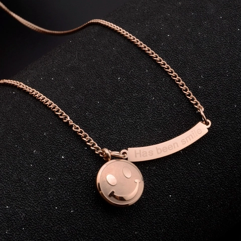 18K Gold Plated Titanium Steel Necklace With Smiley Face And Engraved Bar Pendant Fashion Jewelry For Women