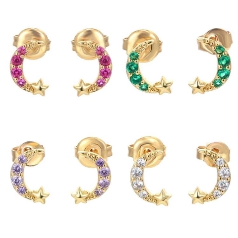 Fashion Korean Copper Star Moon Stud Earrings Micro Inlaid Colorful Zirconia Gold Plated Simple Sweet Women Jewelry Accessories