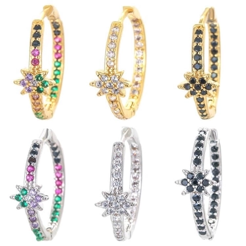 18K Vergoldetes Kupfer Stern Creolen Bunte Zirkonia Eingelegt Einfache Pave Stern Huggie Creolen Mode Schmuck Für Damen