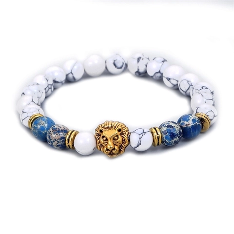 Lion Head Beaded Bracelet White Howlite And Blue Imperial Stone Alloy Elastic Jewelry For Men Fashion