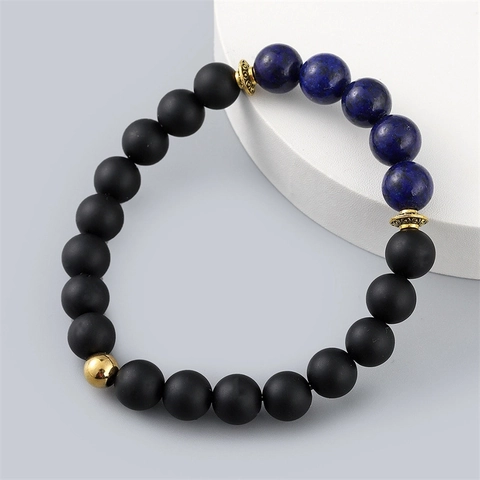 Men Beaded Bracelet Matte Black Stone Lapis Lazuli Gold Alloy Spacers Elastic Minimalist Jewelry Gift For Men