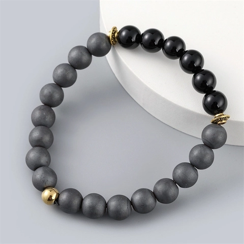 Men Beaded Bracelet Matte Hematite Shiny Obsidian Gold Alloy Crown Spacers Elastic Healing Jewelry
