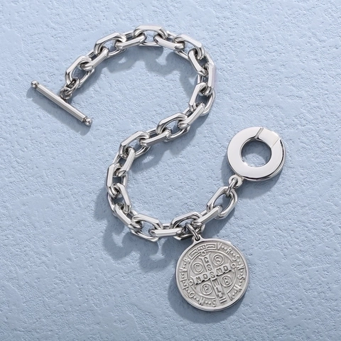 Stainless Steel Chunky Chain Necklace Bracelet Saint Benedict Medal Coin Pendant Toggle Clasp Vintage Unisex Accessories