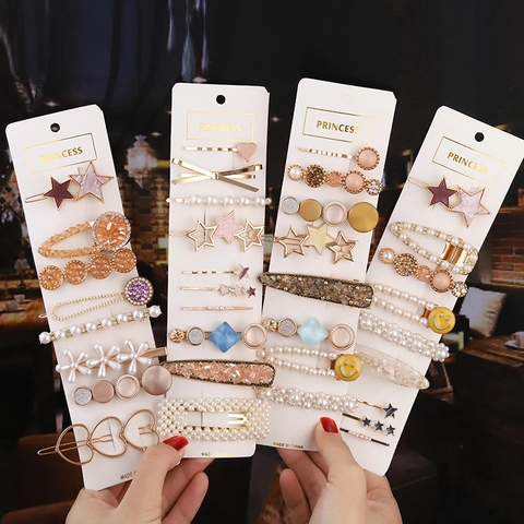 Korean Style Artificial Pearl Rhinestone Hair Clip Set For Women Fashion Bow Heart Star Hairpins Fringe Side Clip Jewelry