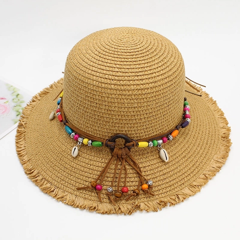 Bohemian Woven Straw Sun Hat With Shell Pendants Colorful Wood Beads Tassel For Summer Beach Vacation Women