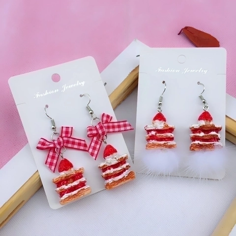 Orecchini Fiocco A Quadri Torta Di Fragole Lega Resina Tessuto Pompon Perla Artificial Retro Dolce Stile Giapponese Per Donna