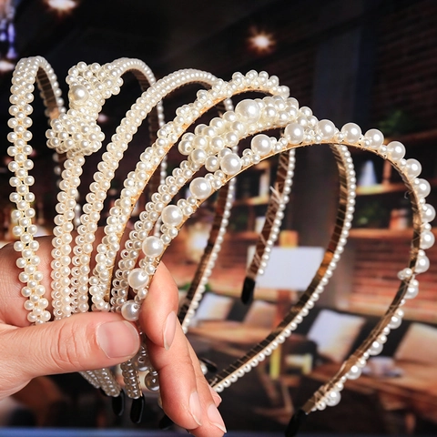 Korean Style Faux Artificial Pearl Headband Elegant Metal Hairband With Rhinestone Flower Bowknot For Women Wedding Sweet Accessory