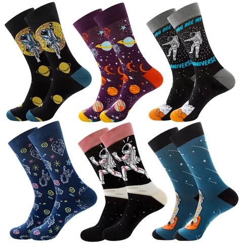Space Astronaut Crew Socks Planet Constellation Cotton Blend Novelty Mid Calf Leisure Socks For Men Women