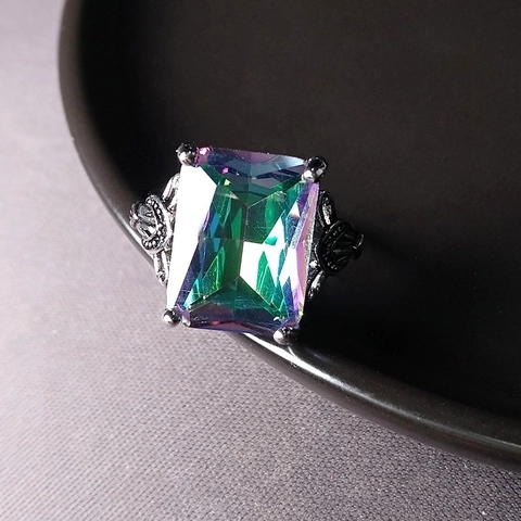 Vintage Mehrfarbiger Mystic Topas Ring Für Damen Großer Rechteckiger Geometrischer Edelstein Kupfer Verstellbarer Offener Schmuck