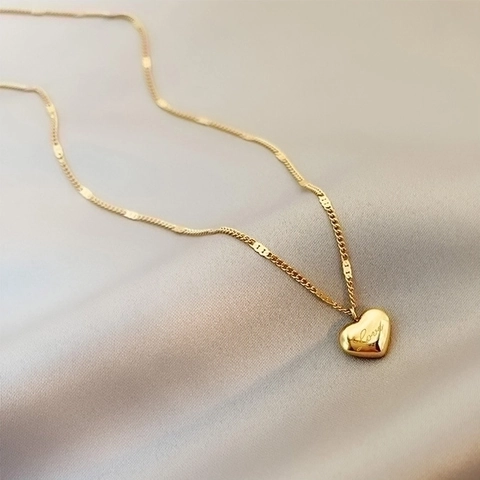Minimalistische Gold Überzogene Gravierte Love Herz Anhänger Edelstahl Halskette Koreanischer Stil Damen Mode Schmuck