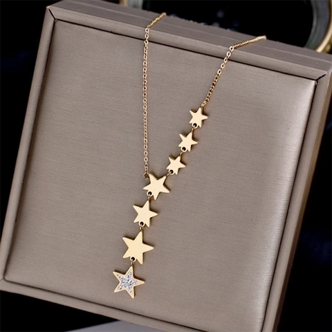 Stainless Steel Pentagram Star Tassel Pendant Necklace For Women Gold Color Seven Star Rhinestone Choker Jewelry Gift