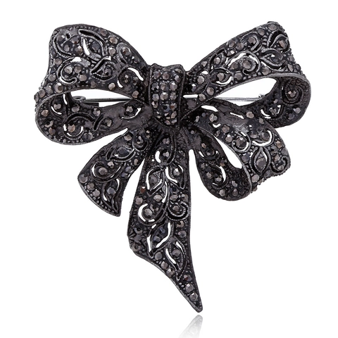 Vintage Legierung Strass Schleife Brosche Für Damen Ausschnitt Design Schwarz Gunmetal Brosche Pin Bankett Schmuck Geschenk