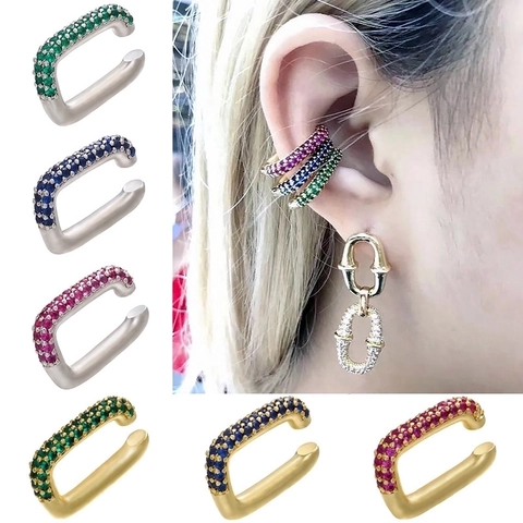 Ear Cuff Rettangolare Geometrico Ottone Placcato Oro Micro Pave Zirconia Orecchini Senza Buco Per Donna
