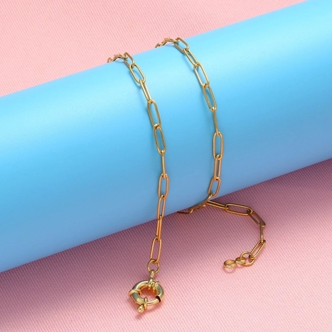 Paperclip Link Chain Necklace Large Spring Ring Clasp Brass 18K Gold Plated Minimalist Industrial Style Jewelry For Women