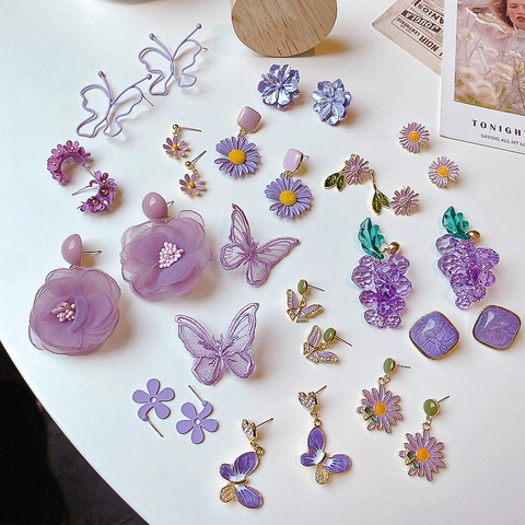 Paarse Bloem Vlinder Hangende Oorbellen Legering Gaas Strass Met 925 Zilveren Oorsteker Koreaanse Stijl Dames