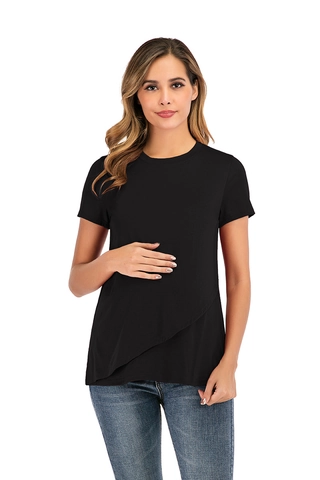 Maternity Nursing T-Shirt Short Sleeve Round Neck Solid Color Breastfeeding Top Soft Casual Clothes For Pregnant Women