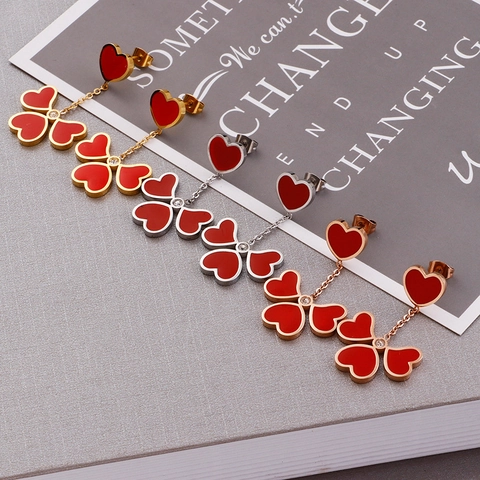 Hart Klaver Drop Oorbellen Rood Emaille Roestvrij Staal Met Zirkoon Kwastje Bungelen Voor Vrouwen Elegante Sieraden