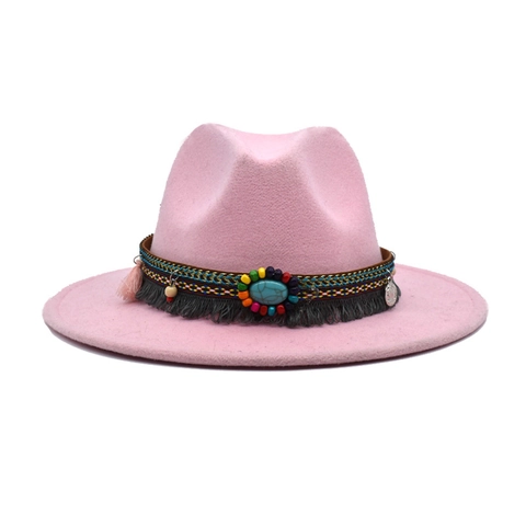 Bohemian Fedora Hat Woolen Felt Ethnic Turquoise Tassels Wide Brim Western Cowboy Jazz Hat For Women Men Decorative
