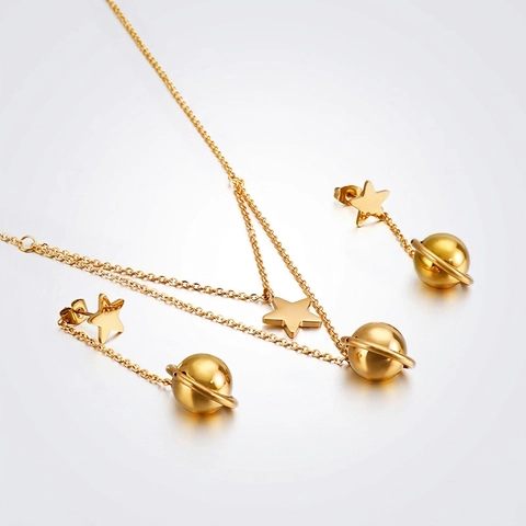 Stainless Steel Star Planet Saturn Double Layer Necklace And Earrings Women Celestial Korean Fashion Jewelry Accessory