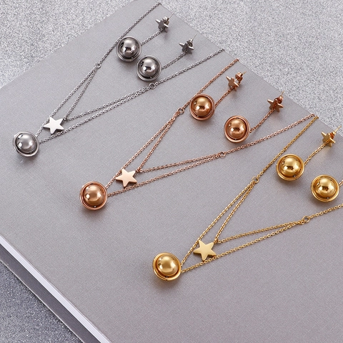 Stainless Steel Star Planet Saturn Double Layer Necklace And Earrings Women Celestial Korean Fashion Jewelry Accessory