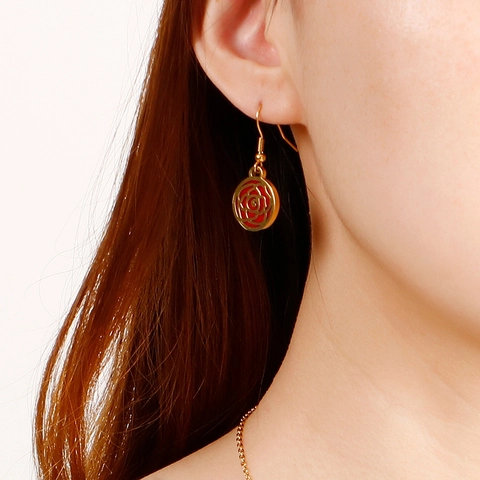 Hollow Rose Flower Necklace And Hook Earrings Stainless Steel Round Red Pendant Elegant Jewelry For Women