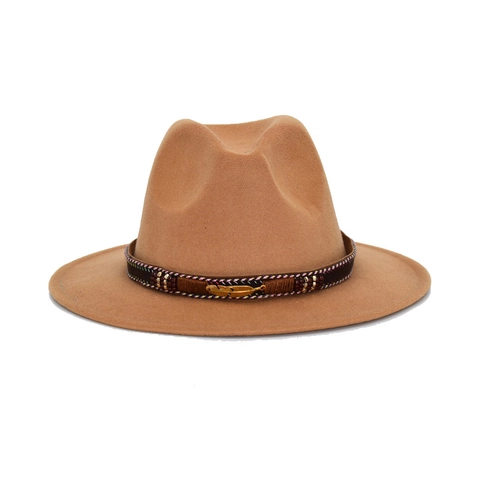 Fedora Hat Wide Brim Felt Jazz Cap With Feather Metal Charm Braided Band Ethnic Style Unisex Vintage