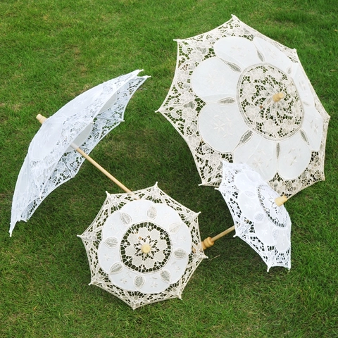 Vintage Spitze Regenschirm Sonnenschirm Mit Stickerei Hohl Baumwolle Holzgriff Für Braut Hochzeit Fotografie Requisiten Elegant
