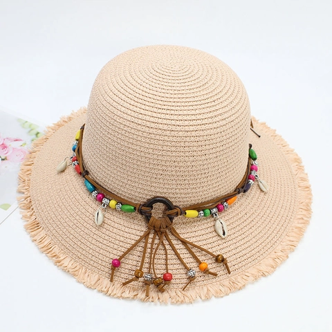 Bohemian Woven Straw Sun Hat With Shell Pendants Colorful Wood Beads Tassel For Summer Beach Vacation Women