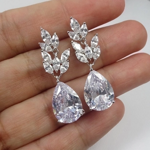Luxury Teardrop Cubic Zirconia Drop Earrings Copper Leaf Design Bridal Wedding Evening Party Jewelry Elegant