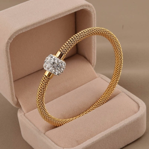 Mesh Woven Bangle Stainless Steel Rhinestone Encrusted Ball Bracelet Fashion Jewelry For Women