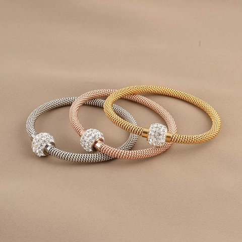 Mesh Woven Bangle Stainless Steel Rhinestone Encrusted Ball Bracelet Fashion Jewelry For Women