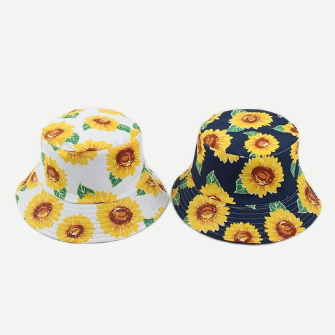 Sunflower Print Bucket Hat Reversible Cotton Canvas Wide Brim Sun Protection Fisherman Cap Floral Summer Outdoor Accessory