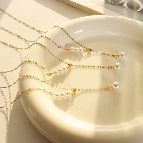 Collar de Flecos en Forma de Y de Acero de Titanio con Perla Artificial Retro Francés Chapado en Oro Joyería Minimalista Mujer
