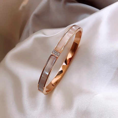 Brazalete De Moda Acero Inoxidable Chapado En Oro Rosa Incrustación Nácar Strass Joyería Simple Elegante Para Mujeres