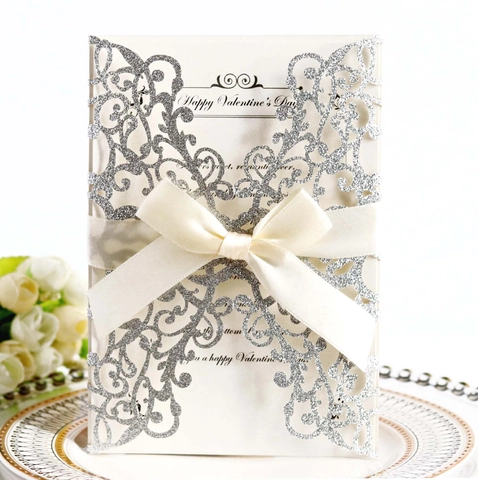 Elegant Laser Cut Glitter Paper Wedding Invitations With Satin Ribbon Bow Floral Greeting Cards For Engagement Party Valentines