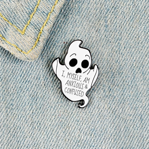 Divertido Broche de Esmalte de Fantasma Blanco Aleación Punk Vintage Pin Con Anxious Confused Slogan Para Mochila Ropa Joyería