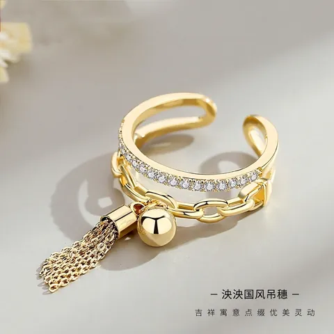Copper Open Ring Cubic Zirconia Double Layer Cuban Chain Tassel Dangle Ball Adjustable Women Jewelry Simple Ins Style