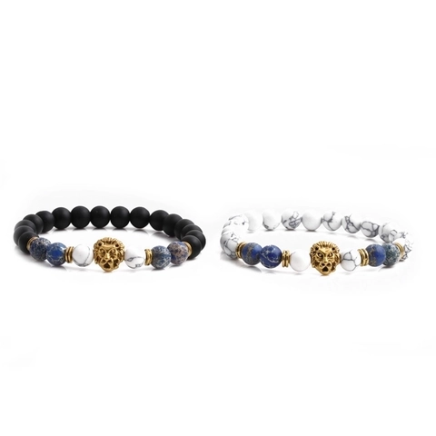 Lion Head Beaded Bracelet For Men Natural Stone White Turquoise Imperial Stone Matte Black Beads Elastic Boho Style